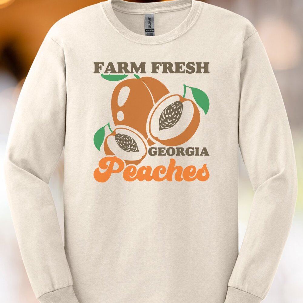 Farm Fresh Georgia Peaches Long Sleeve Shirt Fruit Cream Peach Graphic Tee